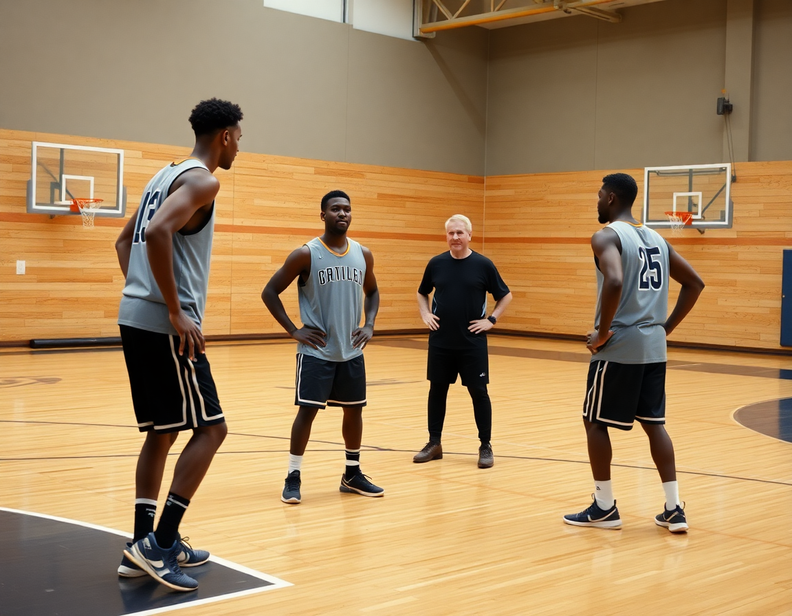 Two players in stance on the hardwood basketball court practice closeouts, coach cues basketball best defense.