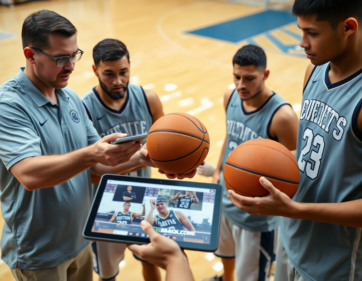 Coaches study game clips on a tablet; players hold a basketball on the hardwood court studying basketball defense.