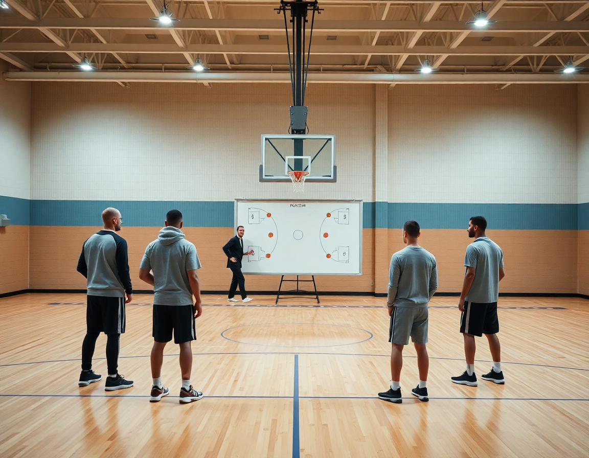 Wide-angle view of basketball blob plays being practiced during an inbound drill on the hardwood court.