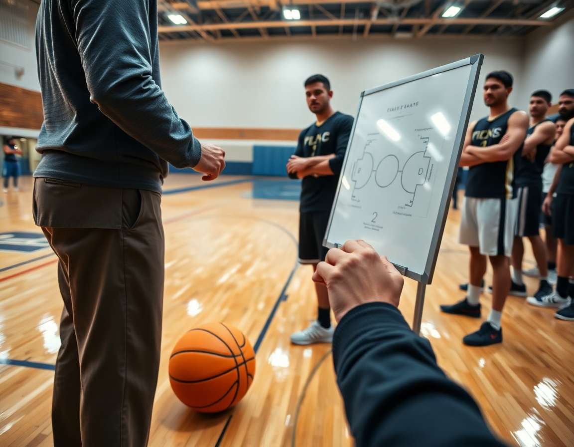 Tight shot of hands drawing a basketball play as players watch a basketball drill.
