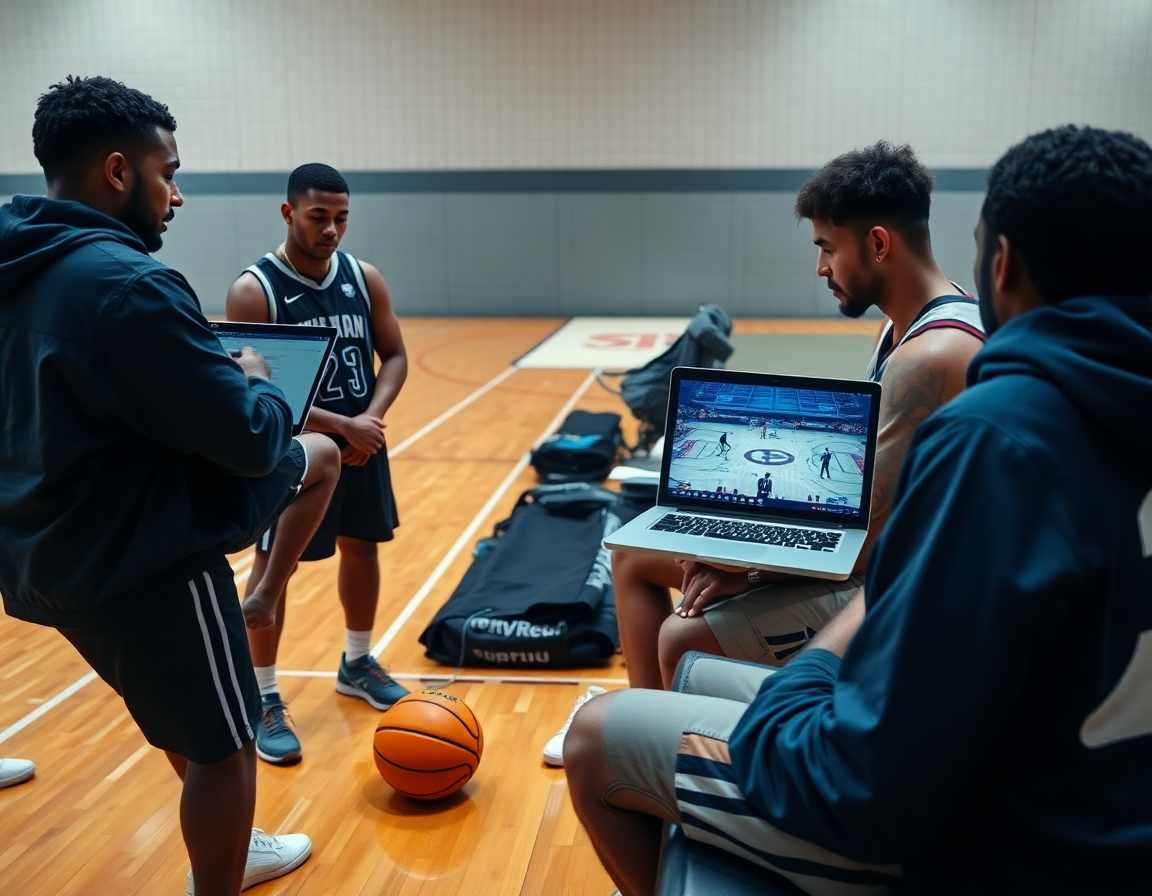 Coach reviews a basketball clip on a tablet for basketball players on the hardwood court.