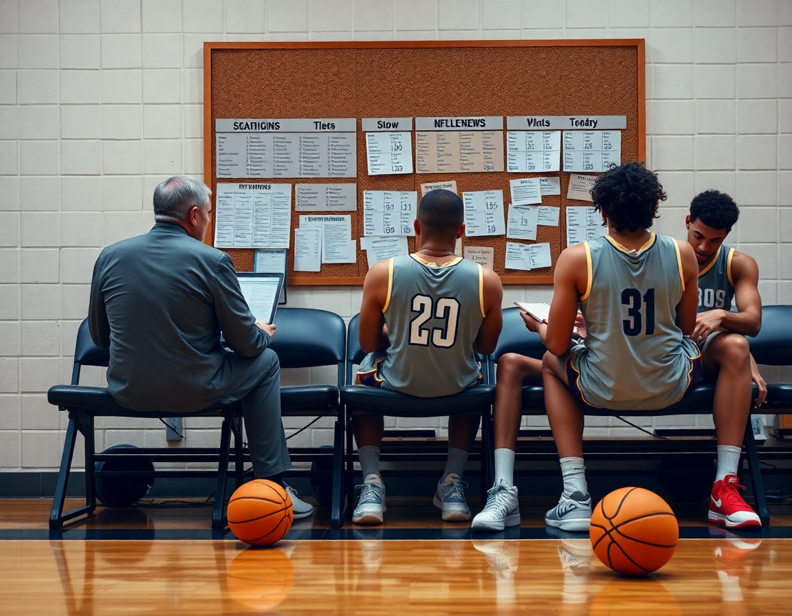 Coaching staff reviews basketball scouting reports on a laptop while basketball players study on the court.