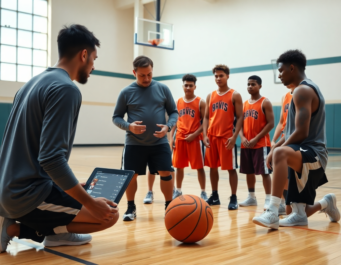 Close-up of basketball coach tools guiding players through a shareable playlist after basketball practice.