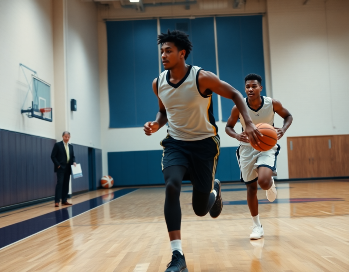 Close-up on basketball coaching accessories during a fast-break drill on a gym floor.