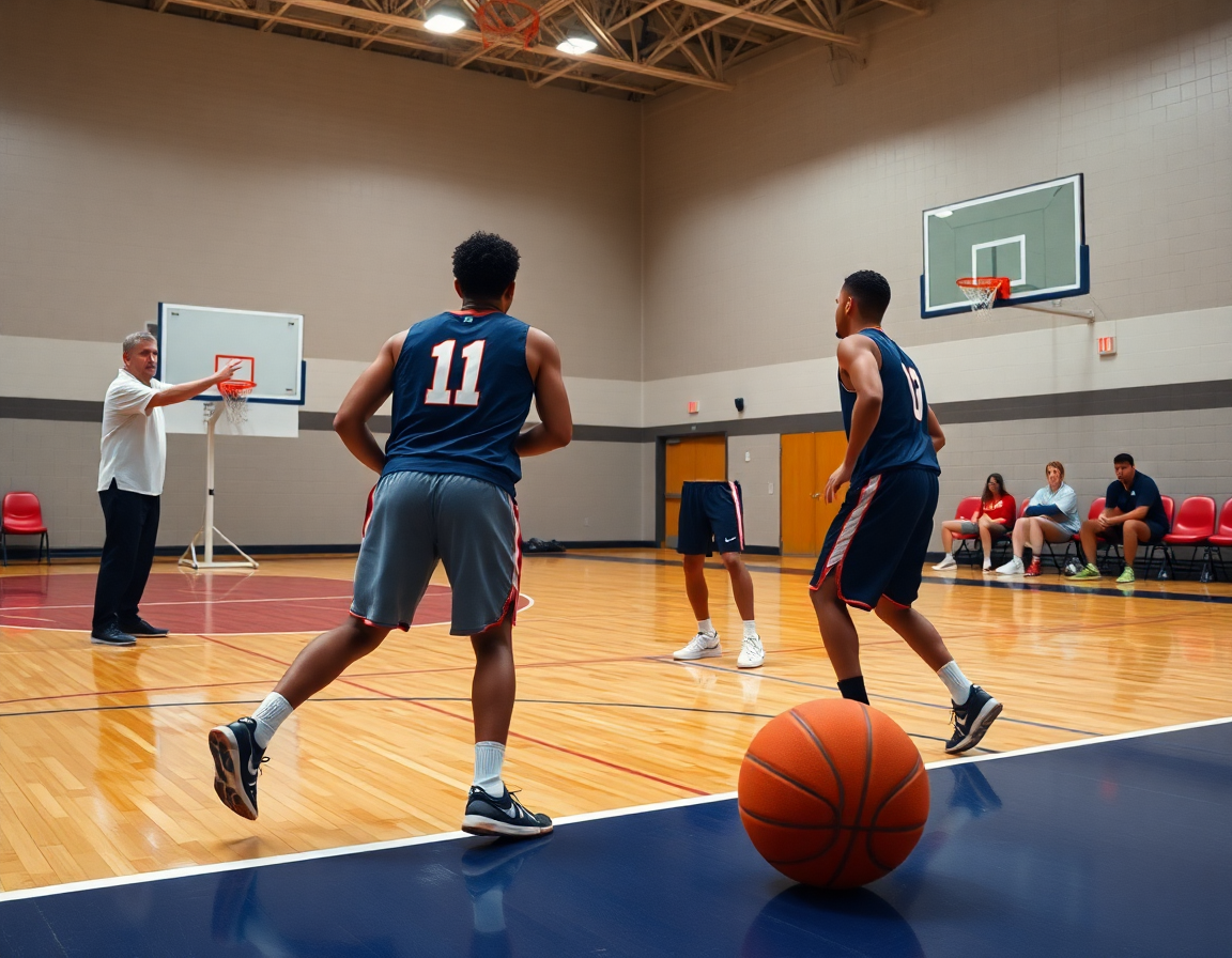Close-up on hands passing a basketball while the coach sketches plays on a whiteboard.