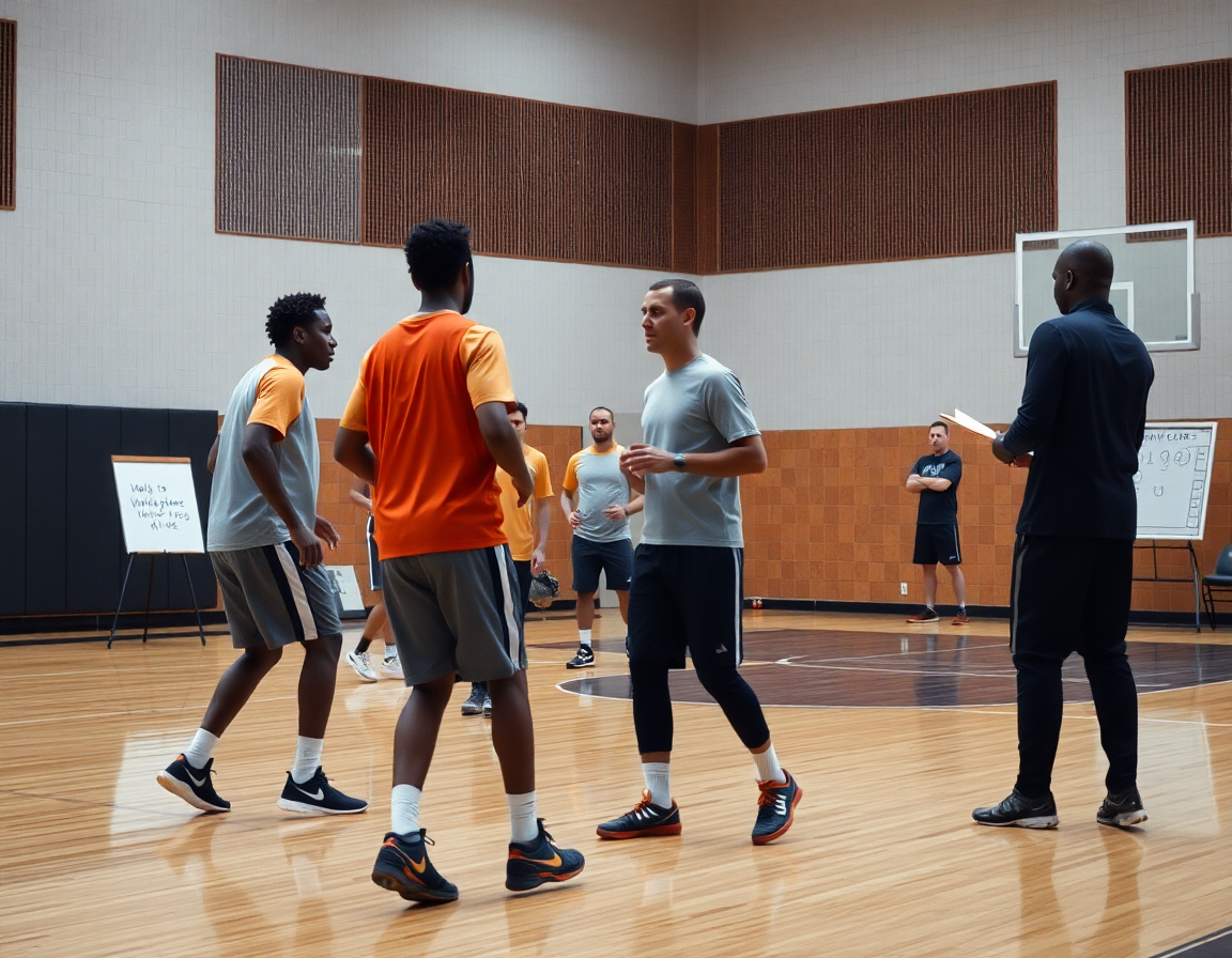 Tight shot of a basketball drill underway on a hardwood court with a coach and clipboard.