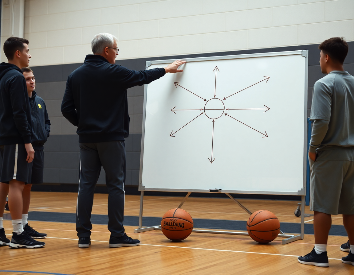 Coach beside whiteboard outlines basketball plays as players watch during a gym session.