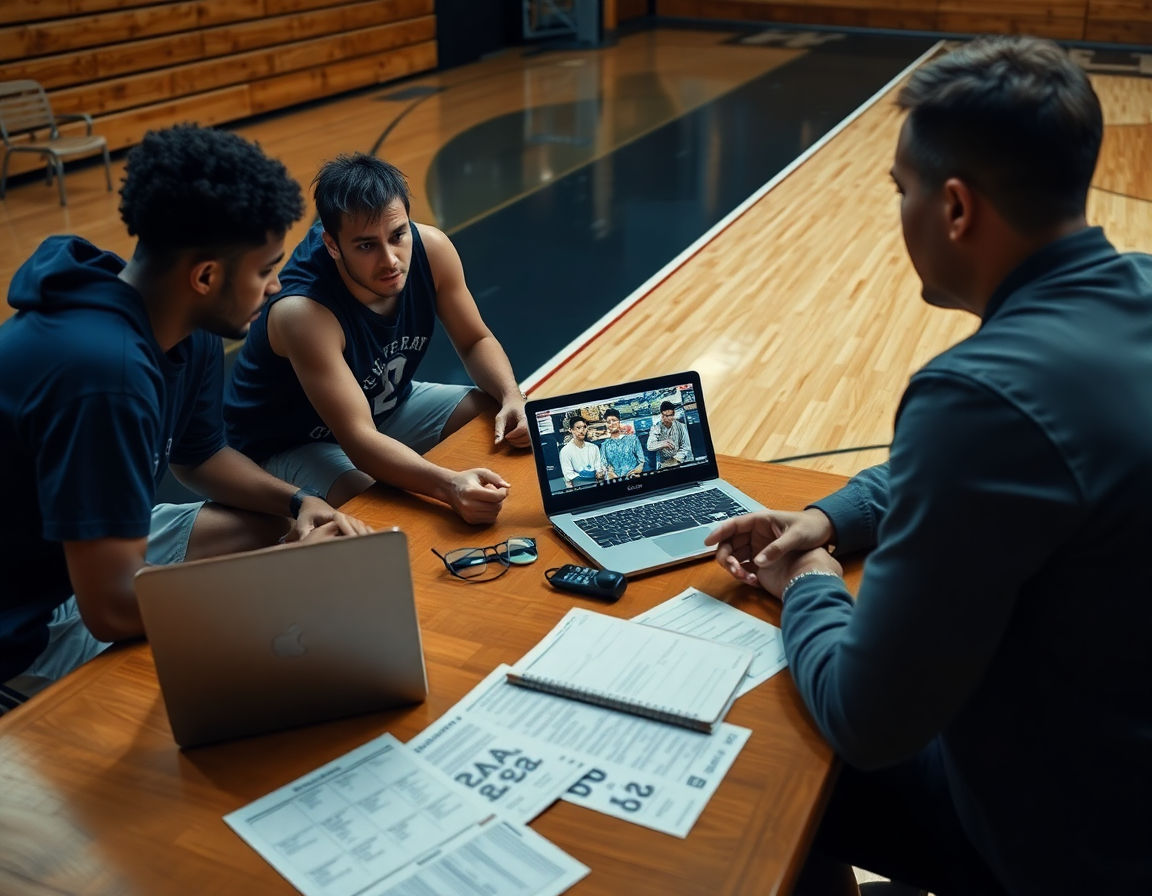 Players study basketball clips on a laptop while coach discusses scouting notes.