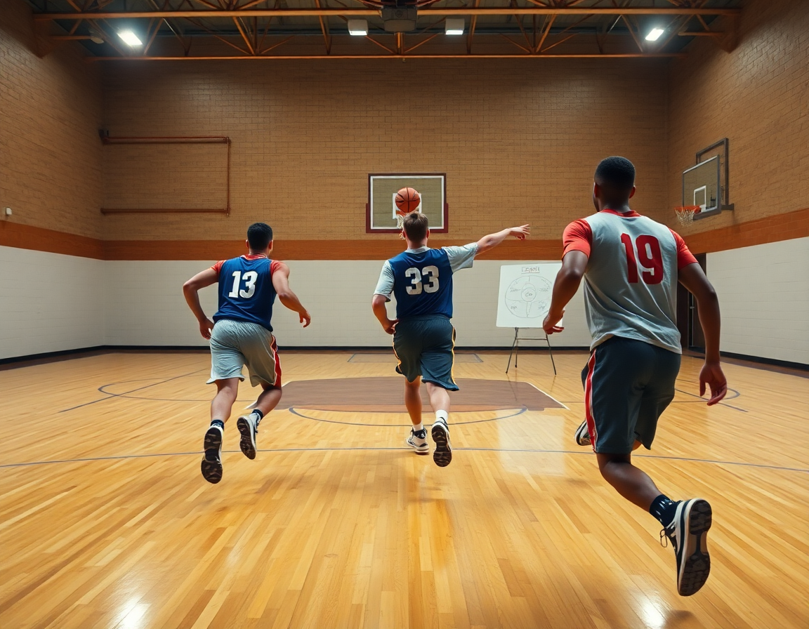 Basketball court blueprint spacing drill with coach directing players on hardwood during practice.