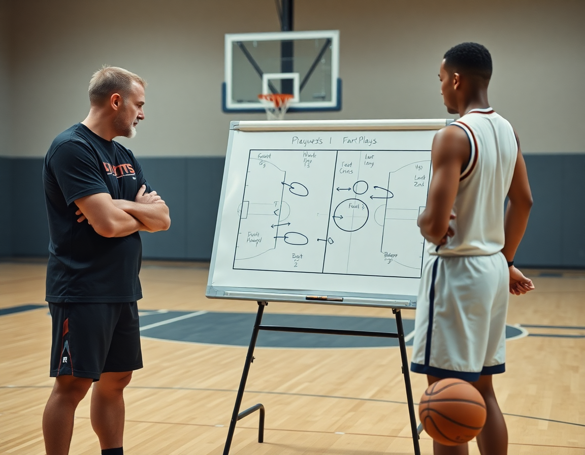 Close-up of a basketball coach sketching a basketball court plan for plays on a whiteboard.