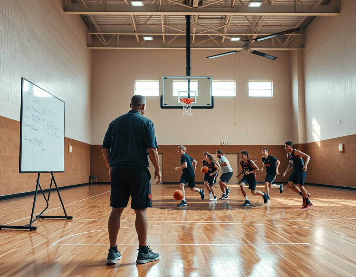 Close-up of a basketball daily routine: hands passing, a coach pointing to a whiteboard.