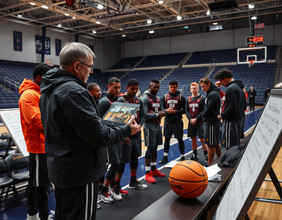 Coach reviews basketball daily routine footage on a tablet as players study clips on court.