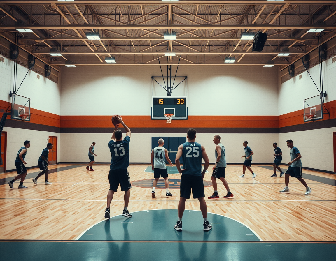 A basketball daily routine unfolds as players rotate through stations while the coach times each drill.