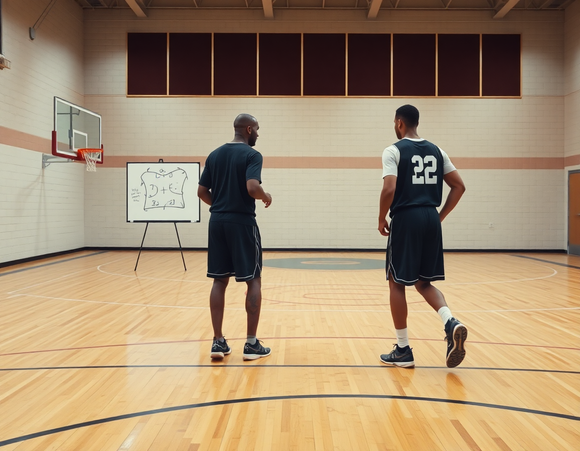 Tight shot of a coach guiding basketball defense drills by yourself using a whiteboard.