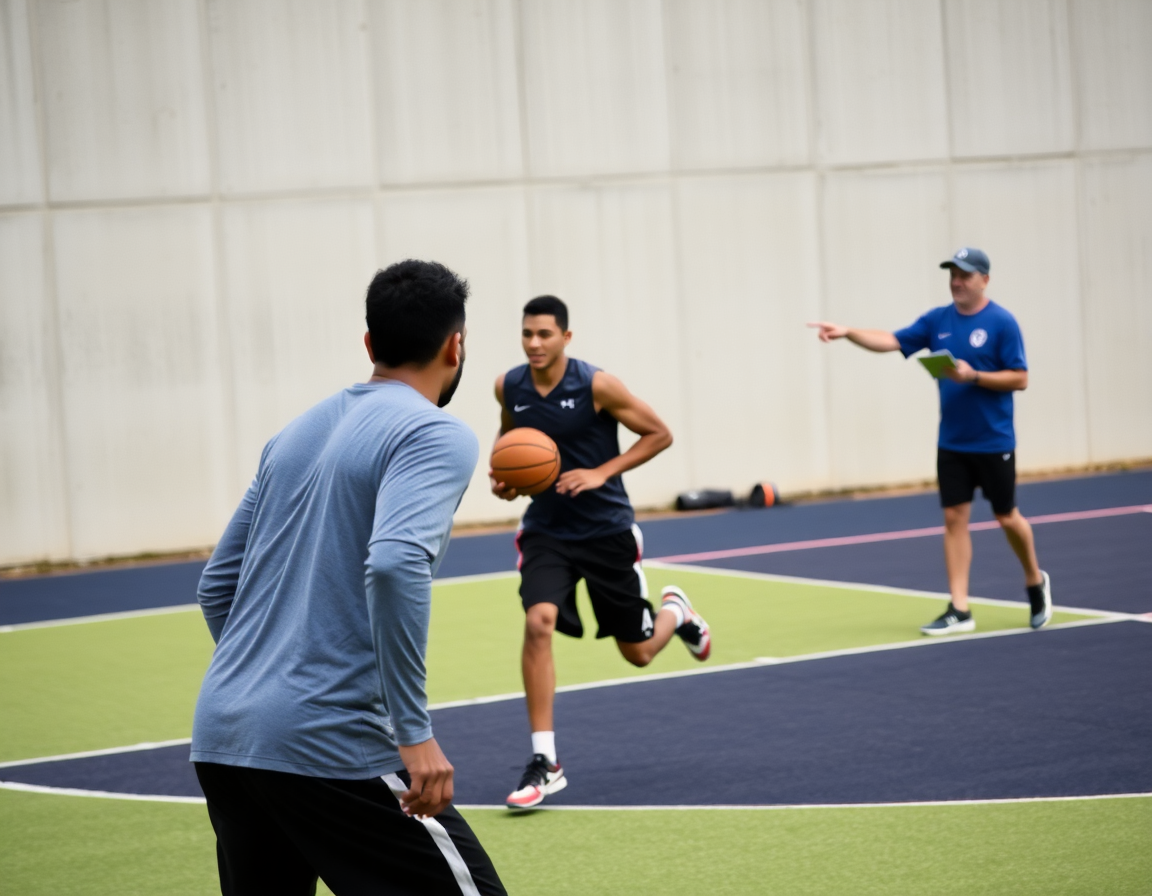 Defender practicing on-ball defense with coach guiding from the sideline during basketball drills for defense.