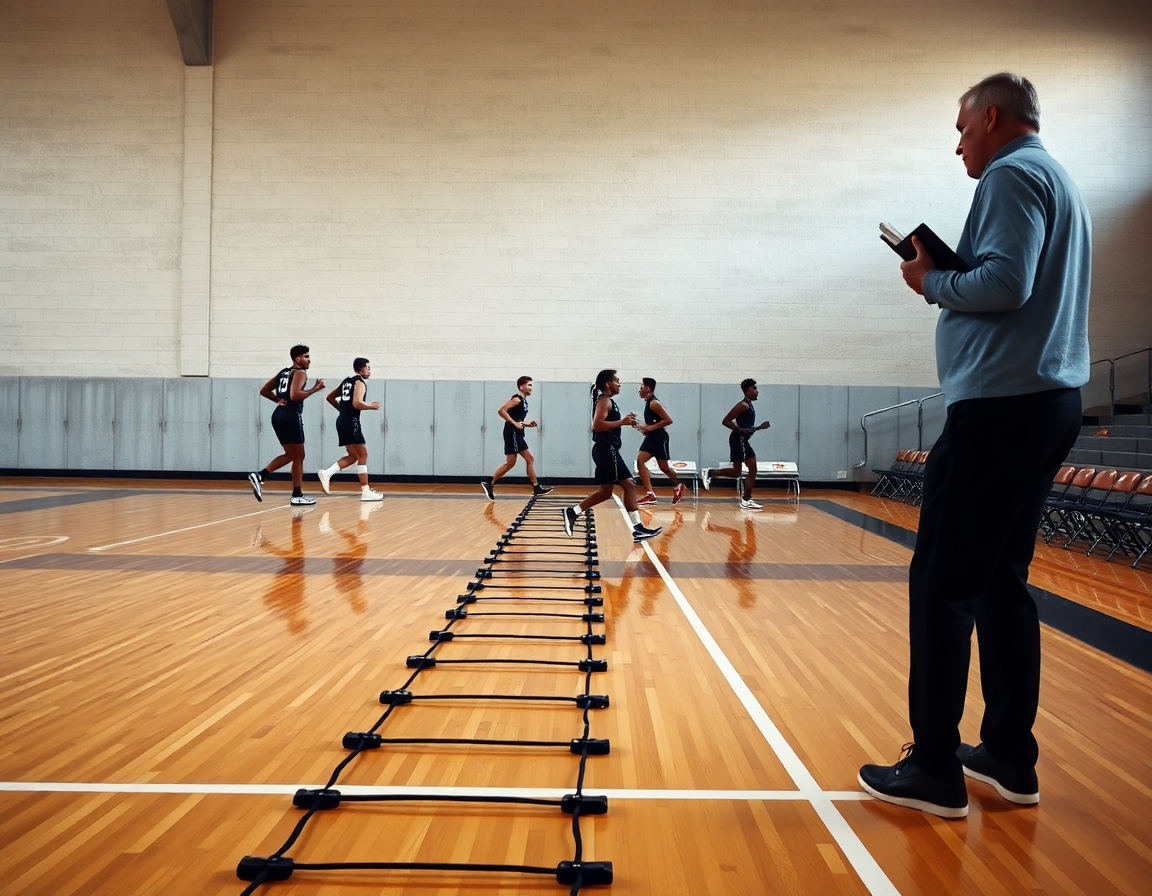 Line of players performing defensive footwork on a wooden court during basketball drills for defense.