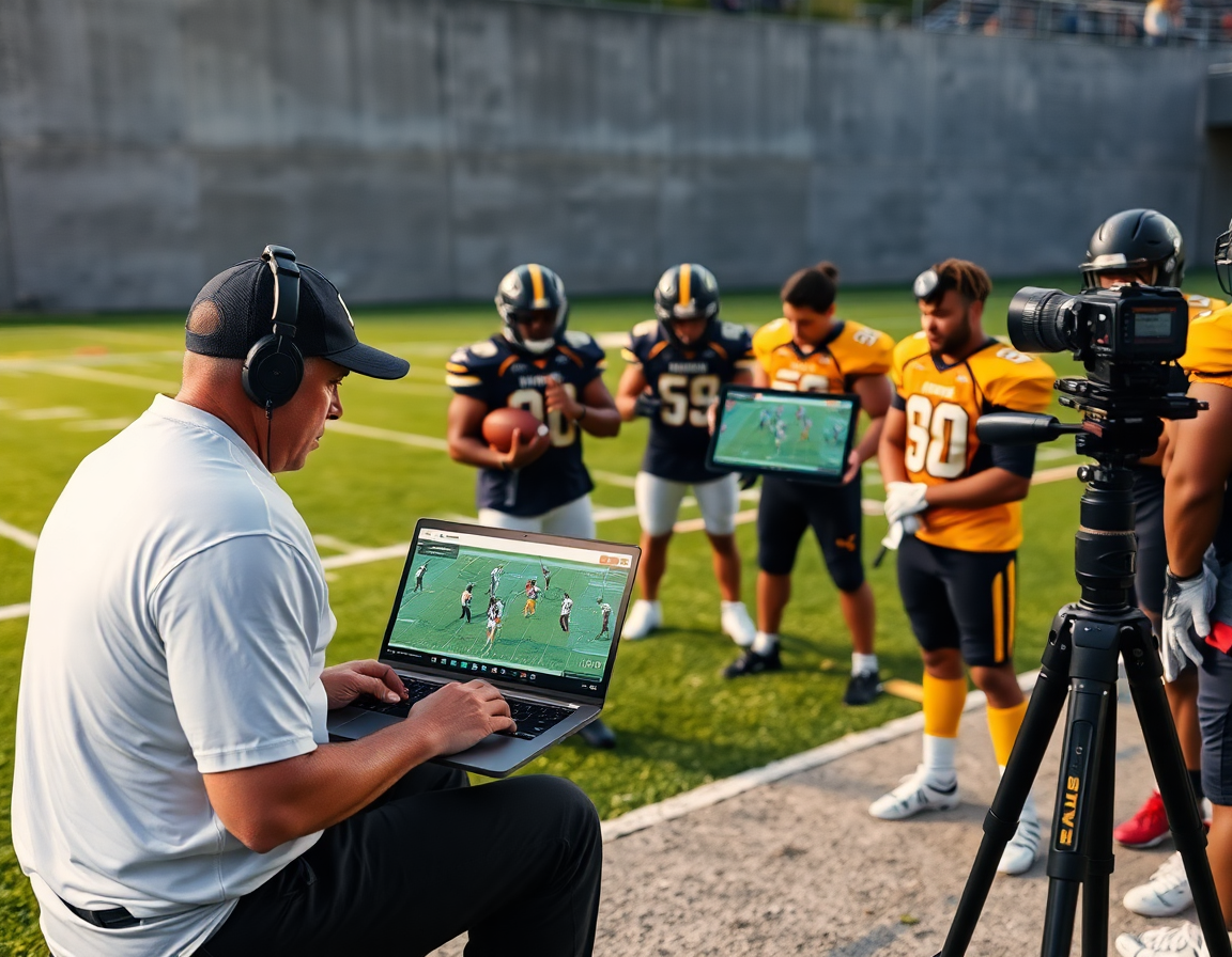 Coach clips defense reps on a laptop during basketball drills for defense with players reviewing.