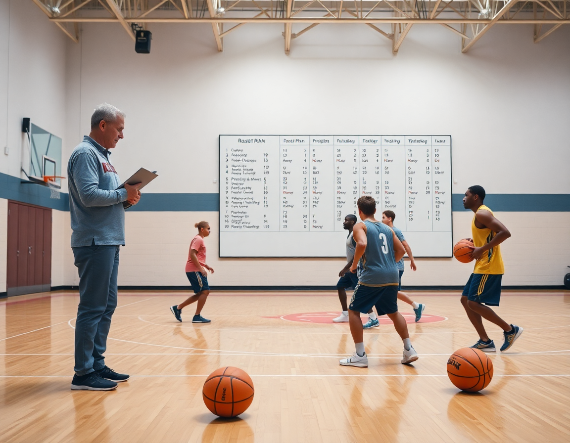 Wide-angle view of a basketball gym where a coach explains a basketball depth chart template to players.