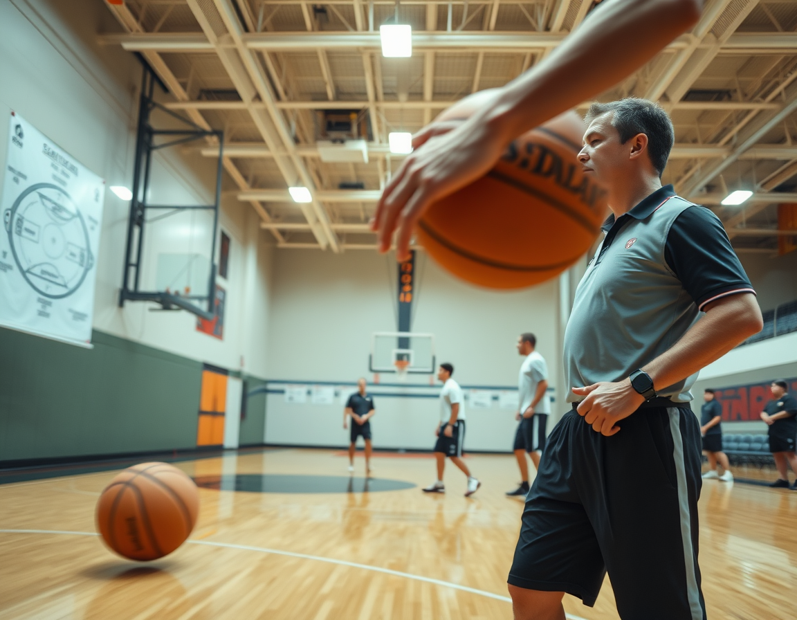 A close-up scene inspired by basketball dribbling workout pdf on a polished court with coach and players.