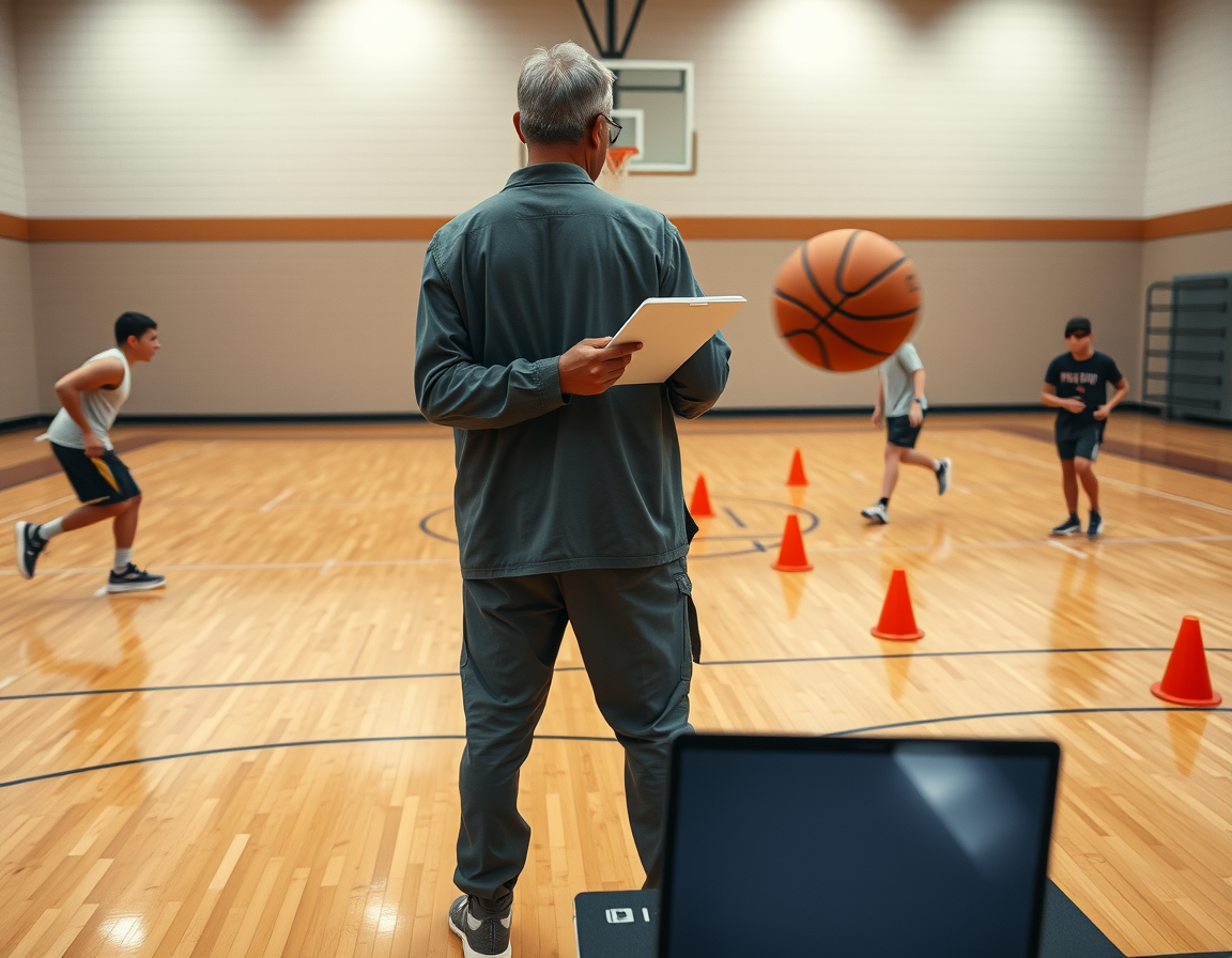 A close-up scene inspired by basketball dribbling workout pdf on a polished court with coach and players.