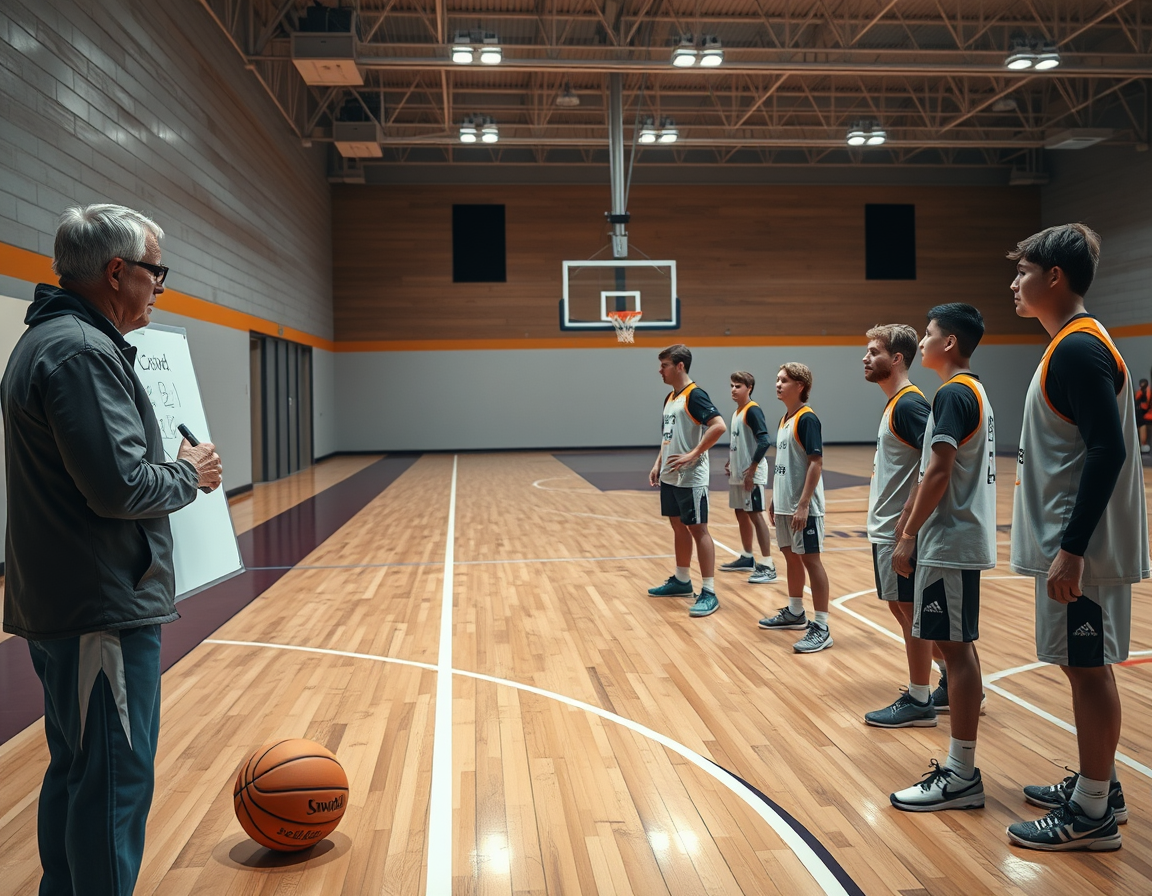 An on-court shot inspired by basketball dribbling workout pdf with coach and players.