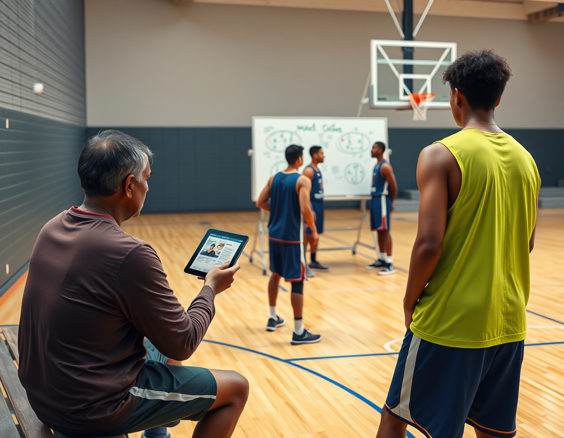 Coach reviews basketball drill book pdf drills on a tablet while players map plans on the whiteboard.