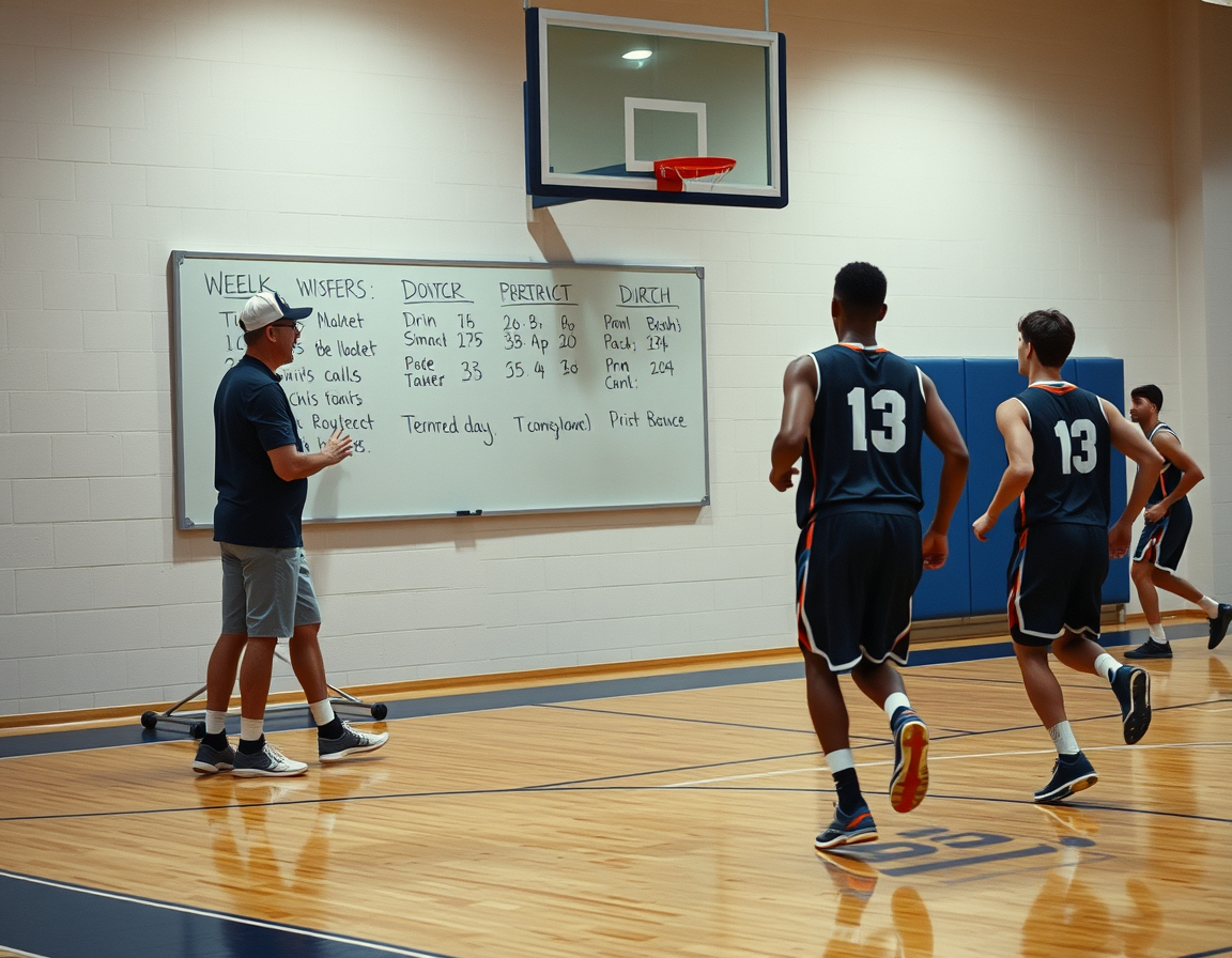 Coach outlines a week of basketball drills on the whiteboard as basketball players practice.