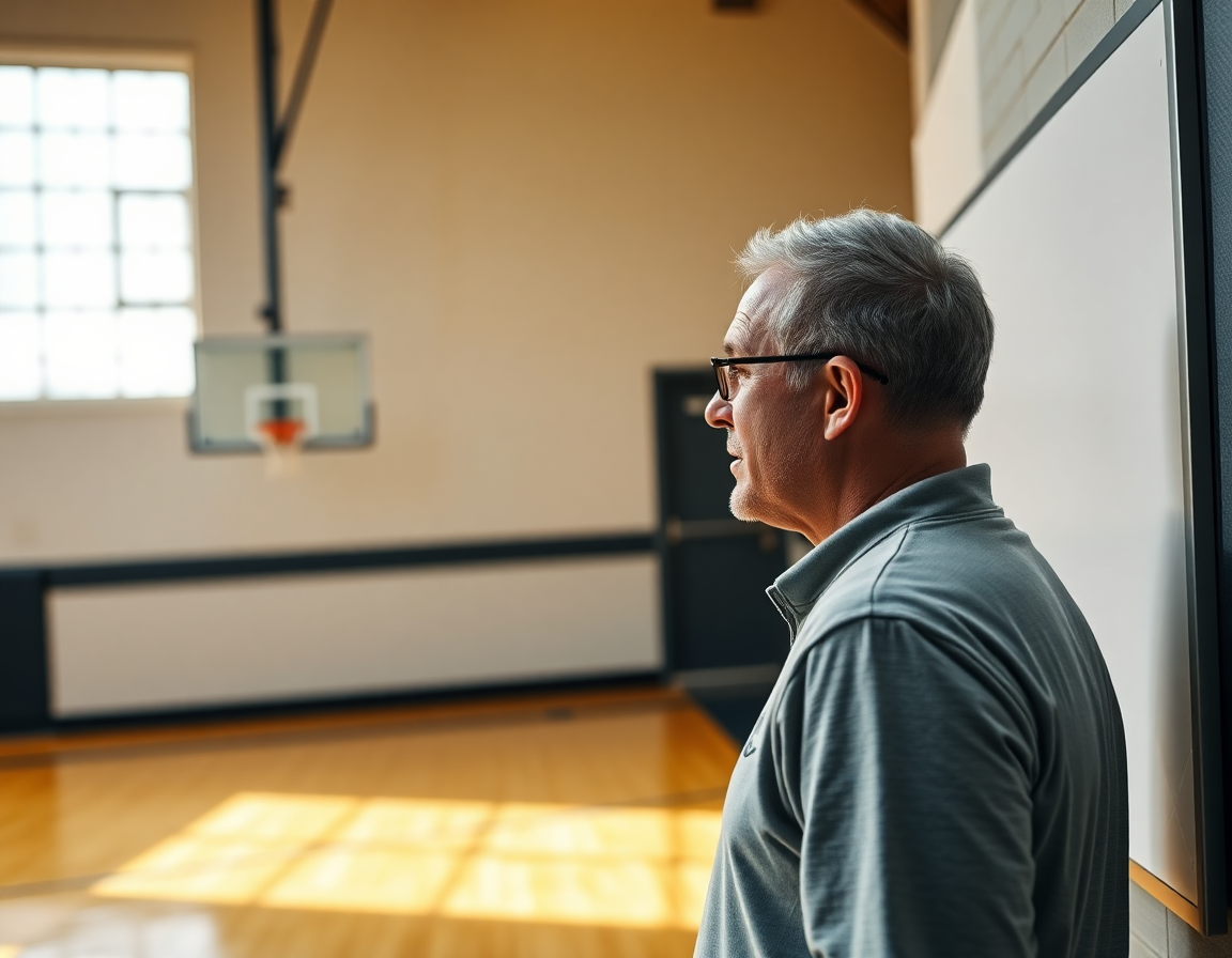Coach explaining tactics on a gym whiteboard