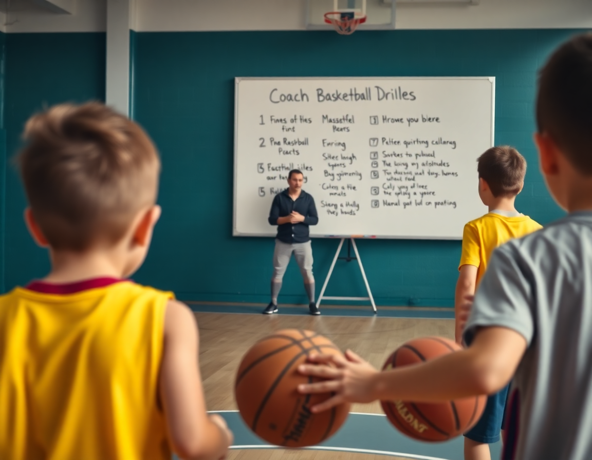 Close-up of coach's hands at whiteboard labelled basketball drills for 3 4 year olds while kids dribble basketball.