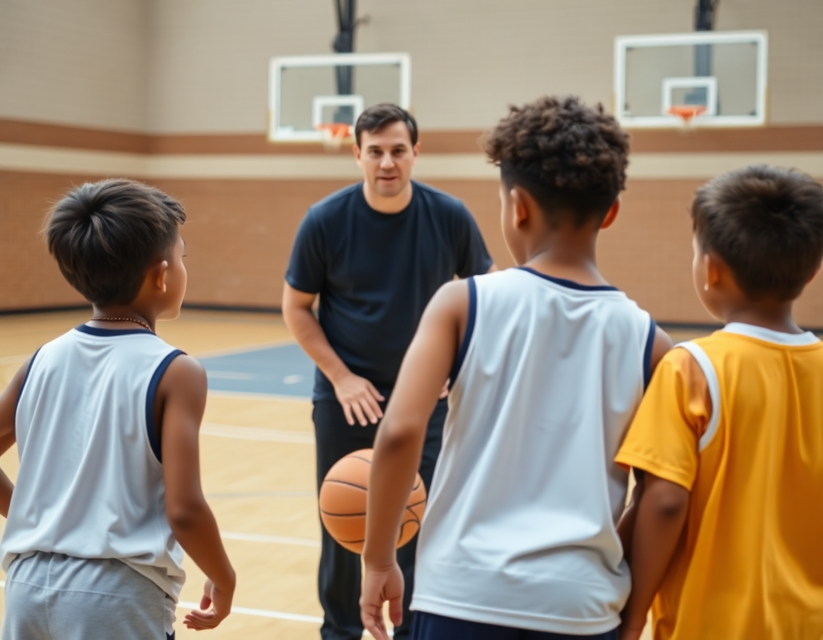 Mid-action shot of a coach guiding basketball drills for 3 4 year olds near top of the key, basketball on court.