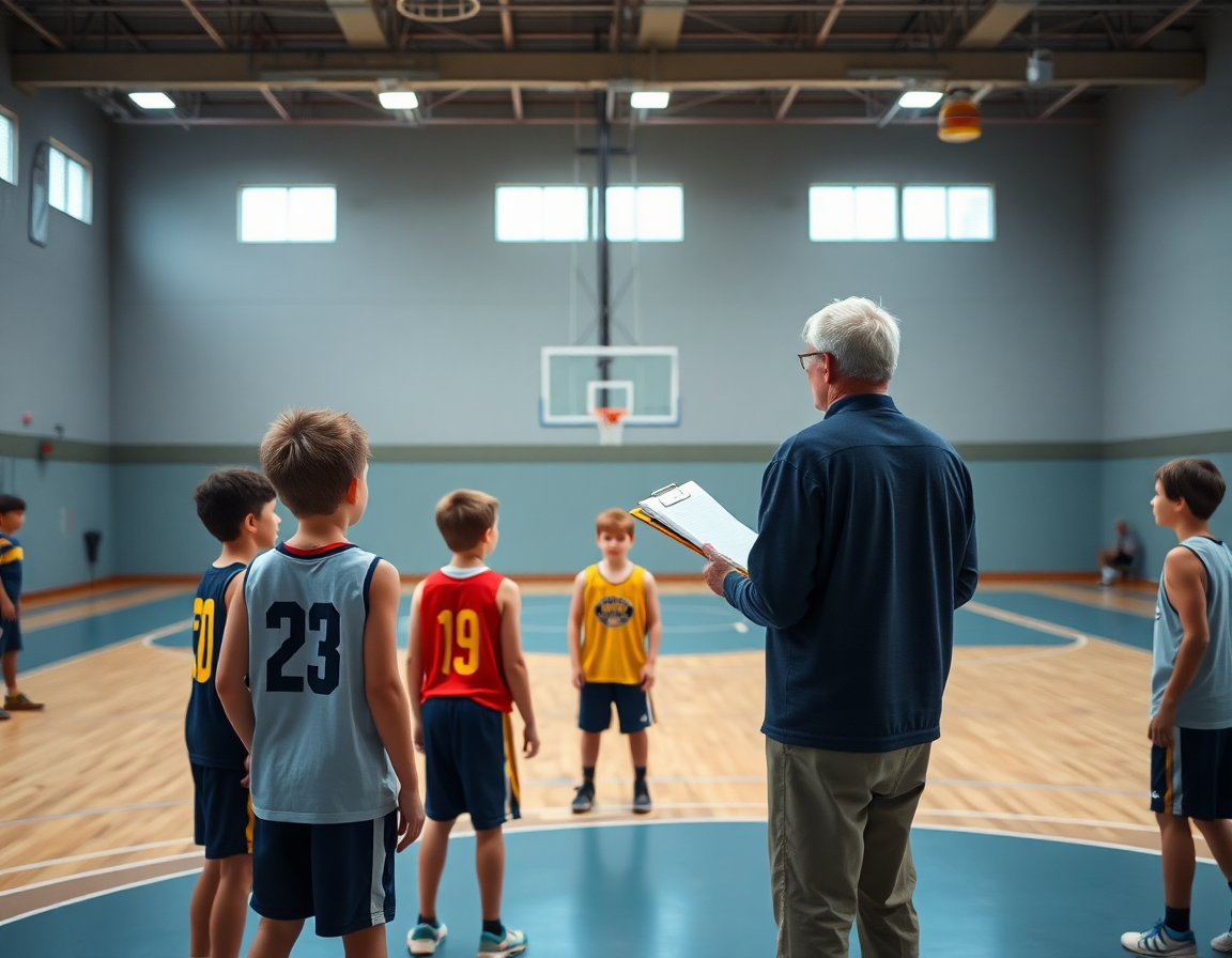 Wide shot of a coach with clipboard overseeing basketball drills for 3 4 year olds on basketball court.