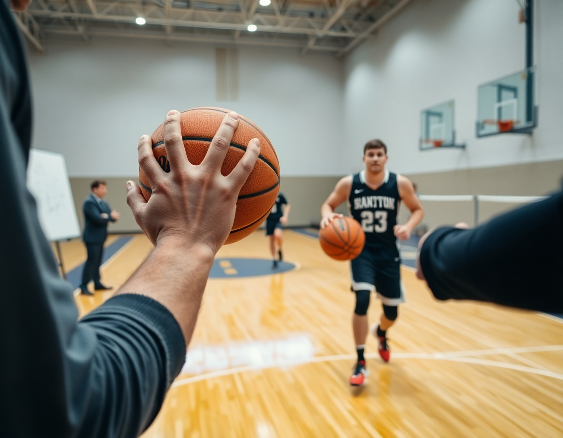 Close-up of hands passing a basketball during a drill with a whiteboarded basketball play.