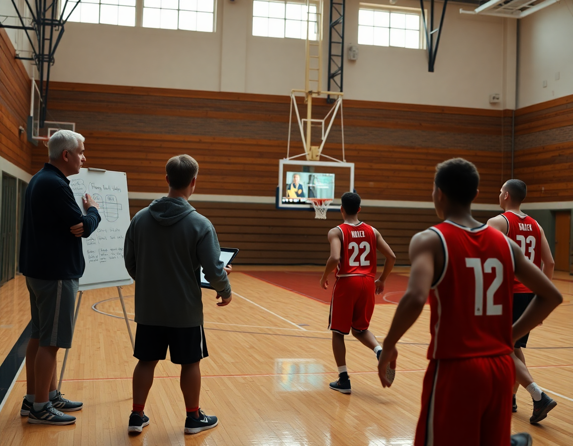 Players study scouting notes while a basketball drills app syncs progress with video footage.