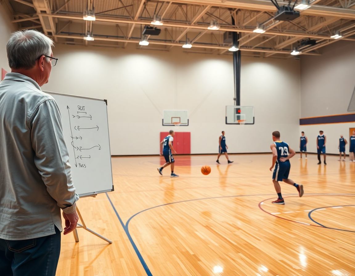 Tight shot of basketball drills by yourself as a coach shows a whiteboard-guided sequence.