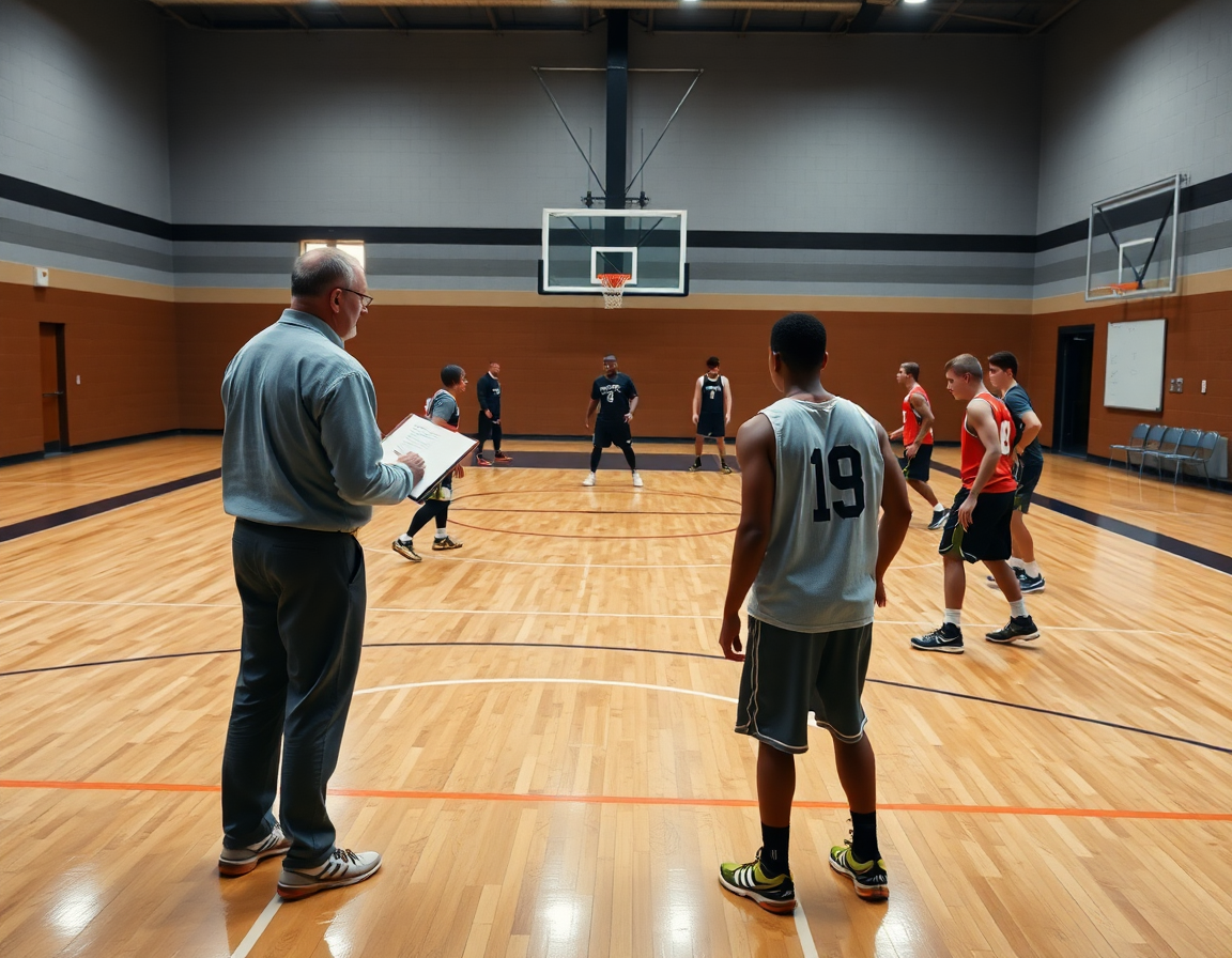 Practical basketball drills defense session on concrete court, coach guiding players through shell rotations with clipboard.