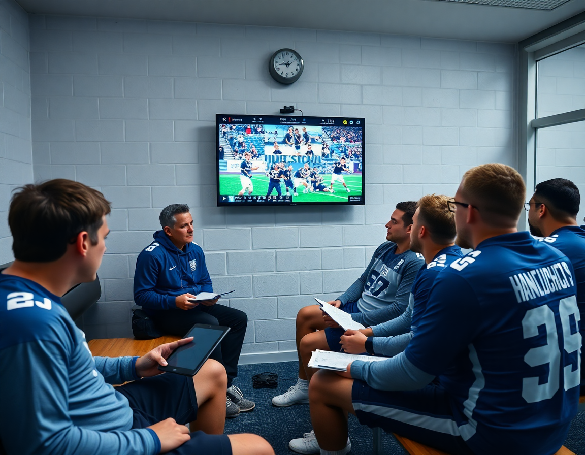 Video review of basketball drills defense as coach shows clips to players during practice.