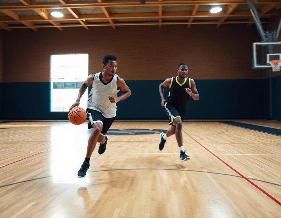 Players running a fast-break drill in practice
