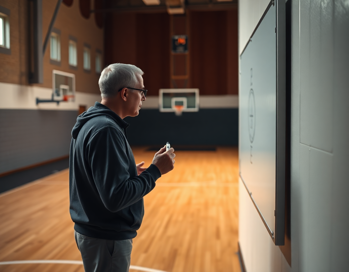 Coach explaining tactics on a gym whiteboard
