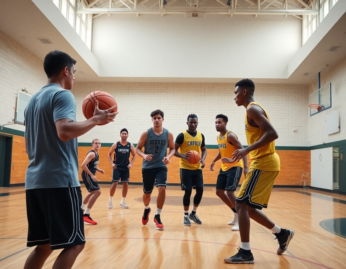 Tight shot of basketball drills for guards during progression on the hardwood.
