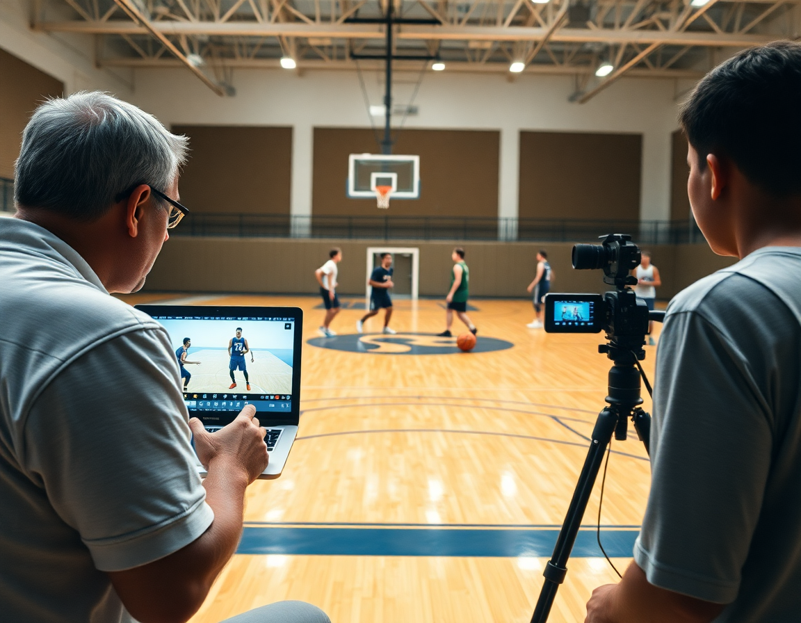 Video capture of basketball drills for guards during a court-side practice session.