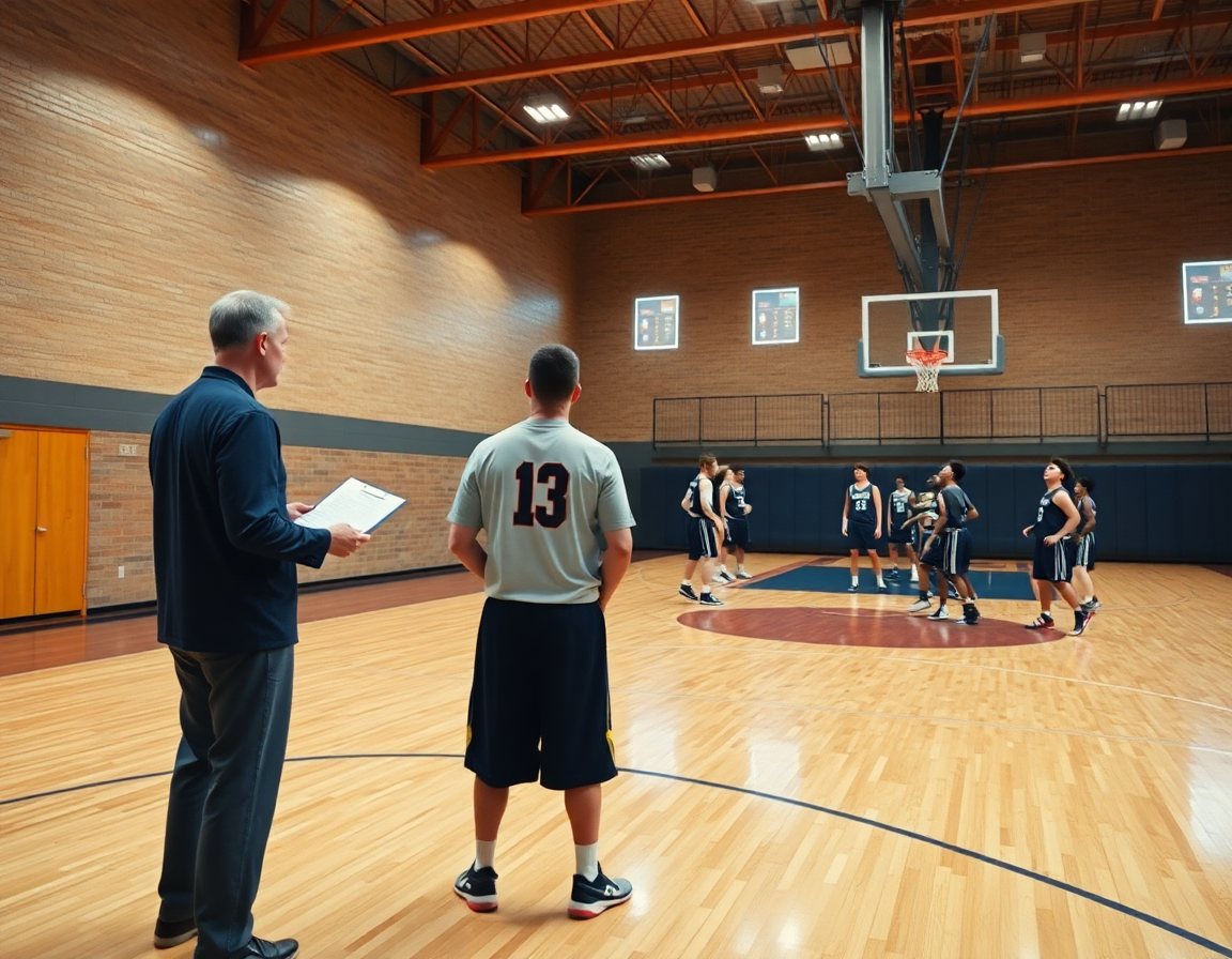 Coaching staff observe basketball drills for high school tryouts during a finishing drill on hardwood.
