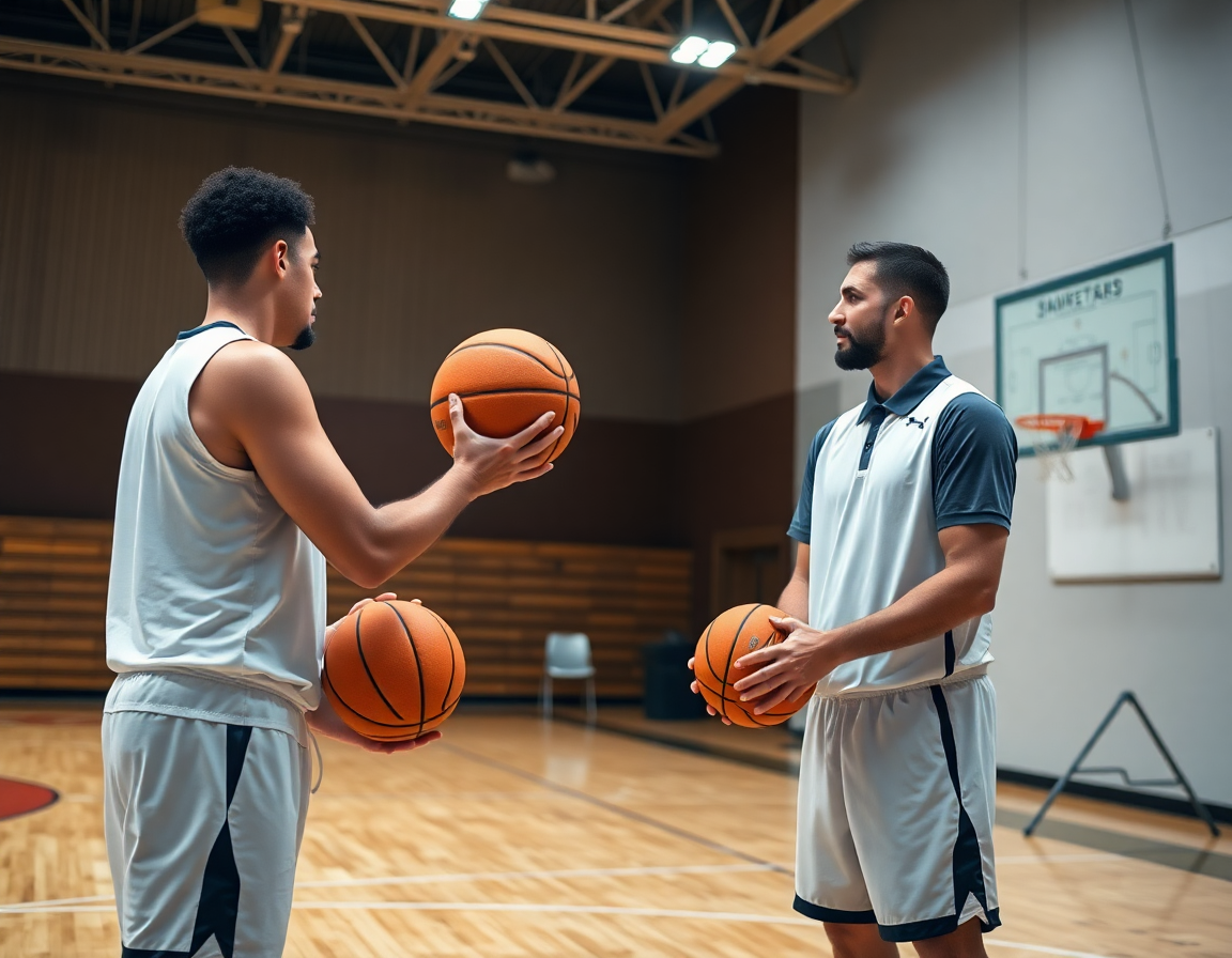 Tight shot of hands as two players pass a basketball, coach cues a basketball play.