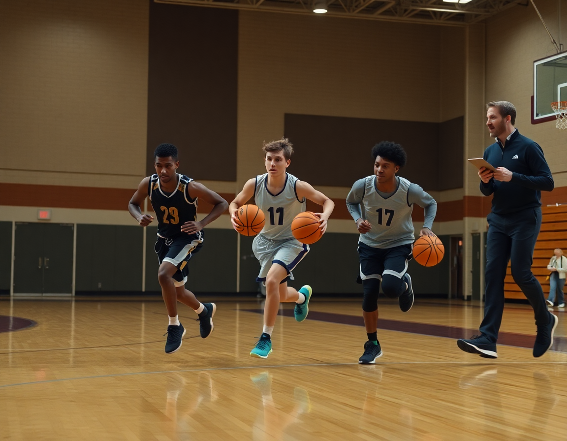 Three players sprint and pass a basketball, coach directing from the sideline.