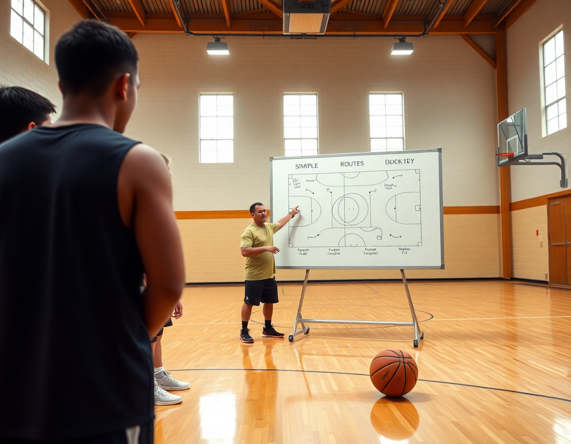 Coach converts a basketball drills pdf into whiteboard basketball plays for the team in a gym.
