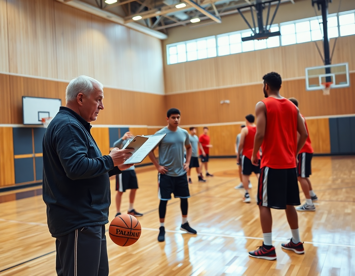 Coach adapts a basketball drills pdf into basketball scout-driven practice on hardwood in a gym.