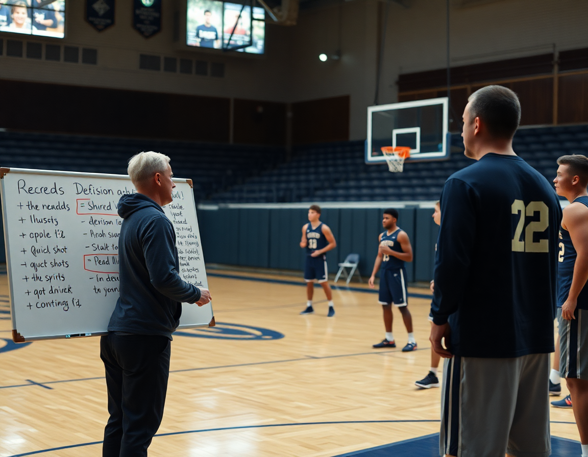 Coach with whiteboard guiding reads during basketball drills shooting on the wing.