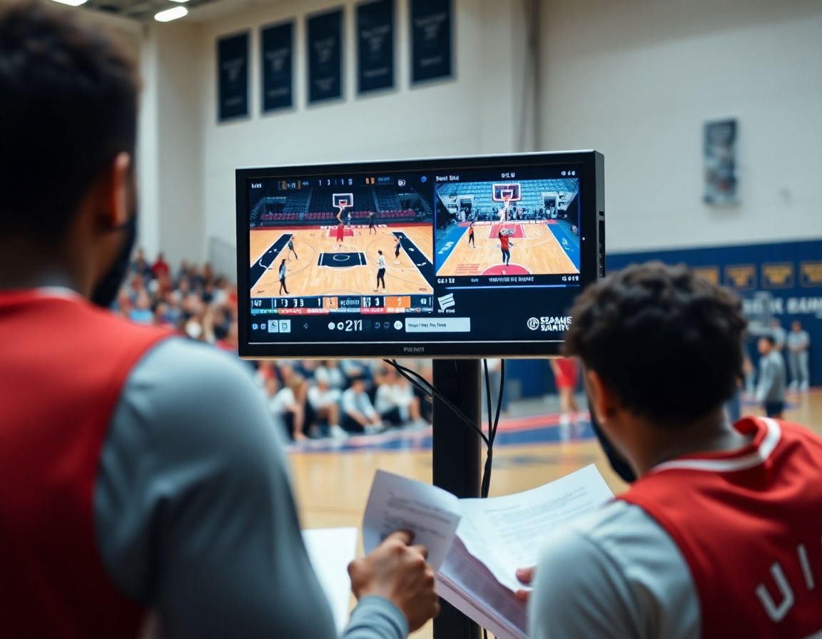 Monitor displays basketball drills shooting clips as players study scouting reports together.