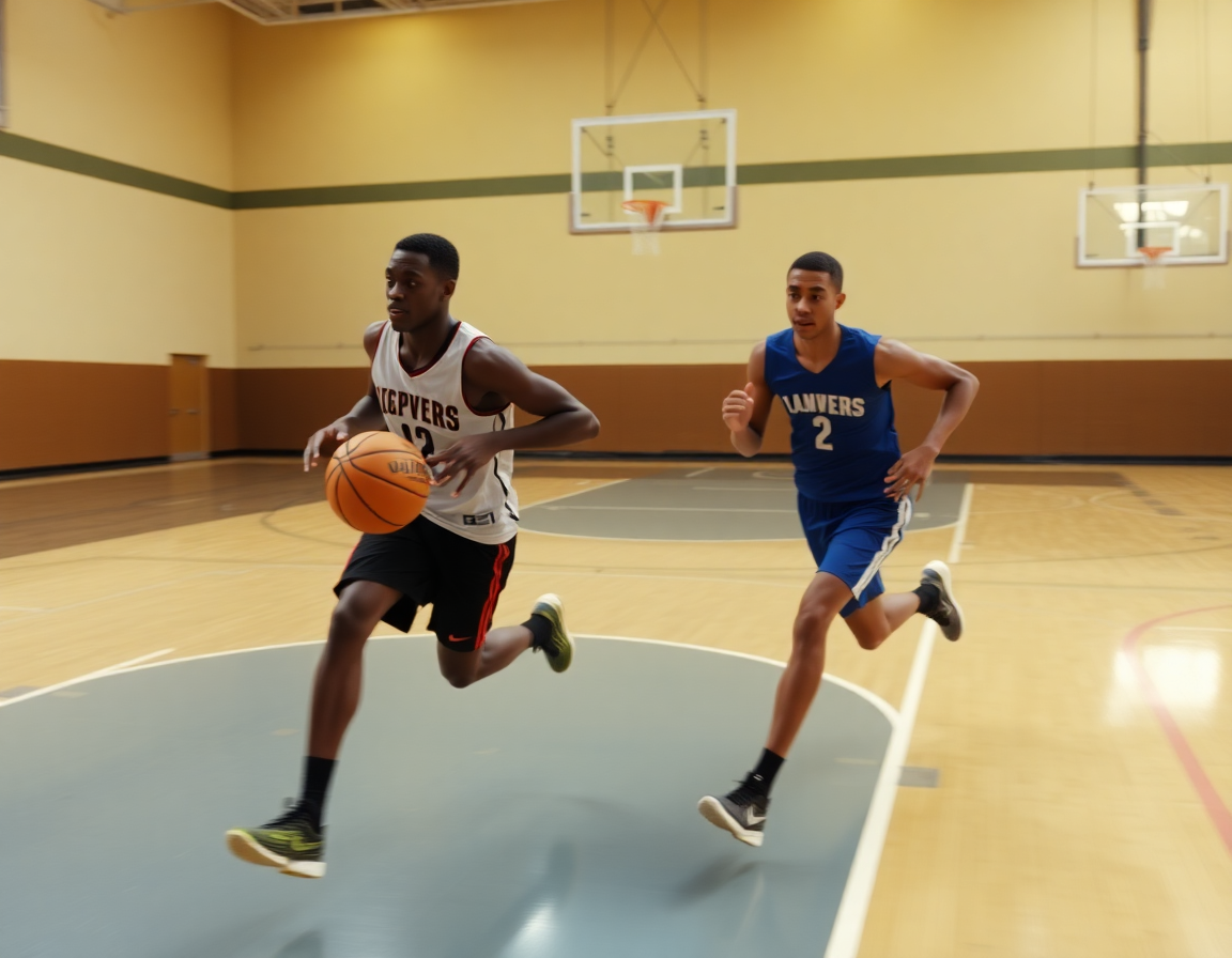 Players running a fast-break drill in practice