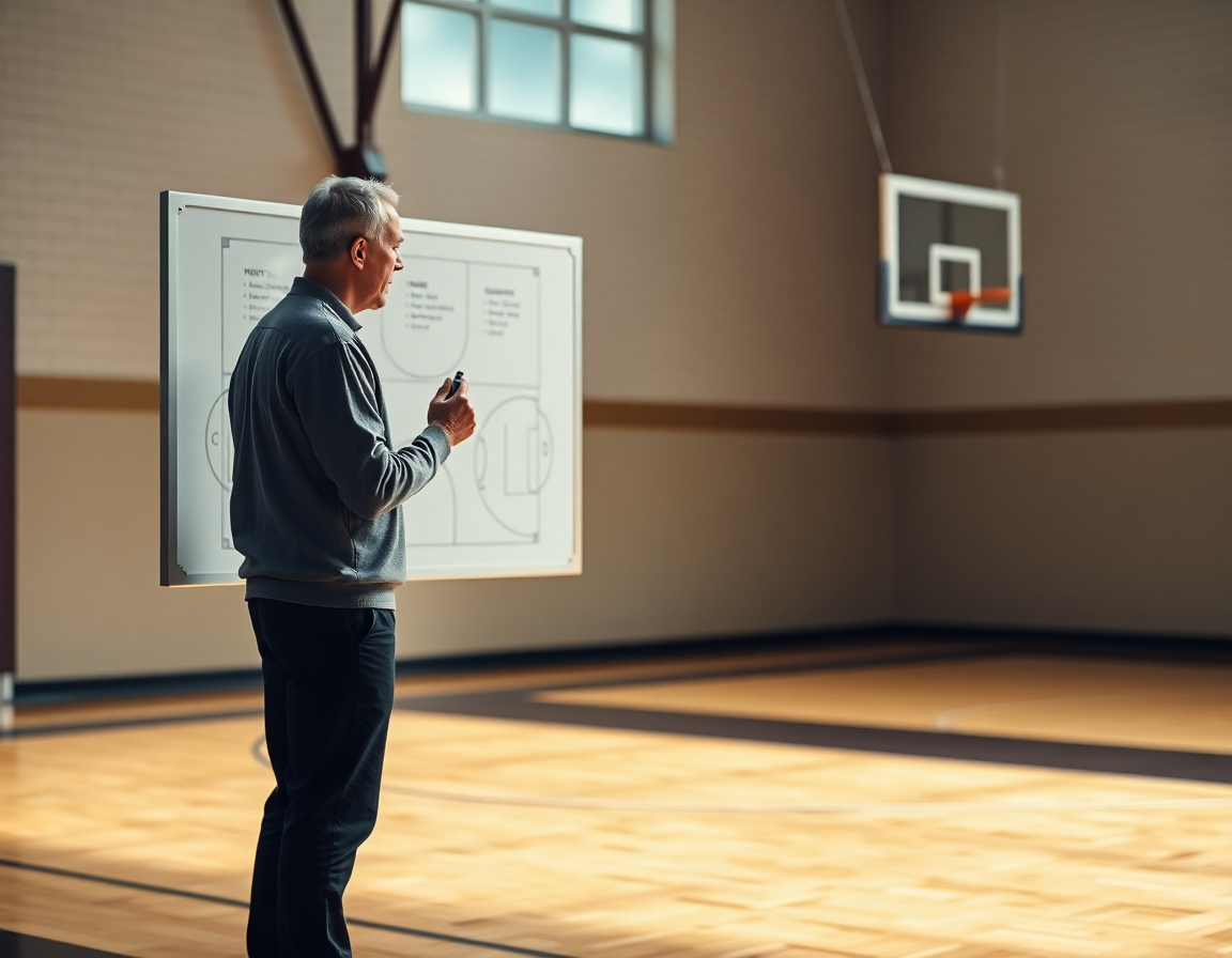 Coach explaining tactics on a gym whiteboard