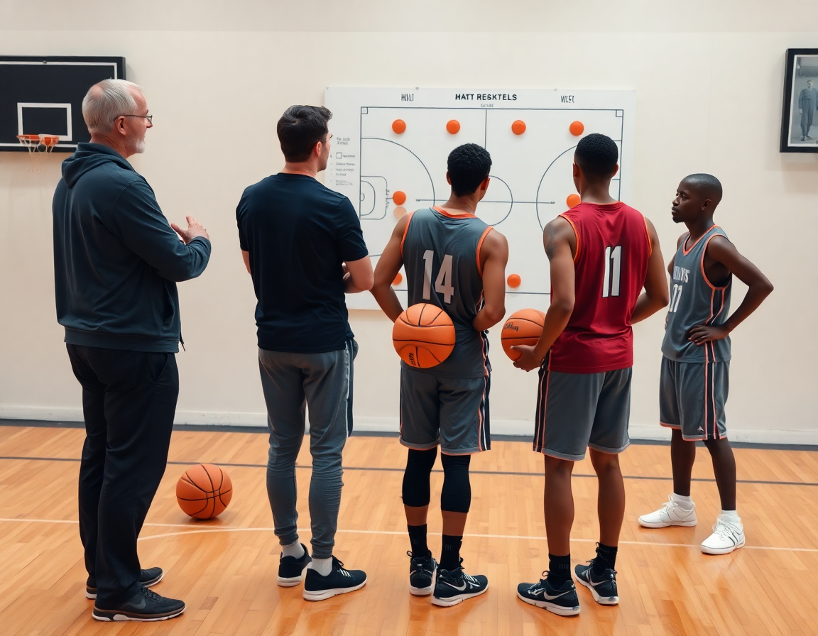 Coach and two assistants outline basketball drills with 3 players on a whiteboard for the week.